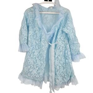 Vintage 70s Blanche Sleep Coat Blue Floral Lace Tie Front 3/4 Sleeve Size S
